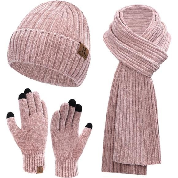 Womens Winter Knit Warm Hat Beanie+Long Scarf+Touch Screen Gloves Set Skull Caps - Picture 1 of 6